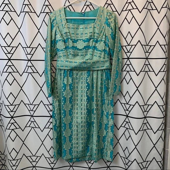 Vintage handmade 60s gold metallic peacock blue shift dress - Picture 4 of 12